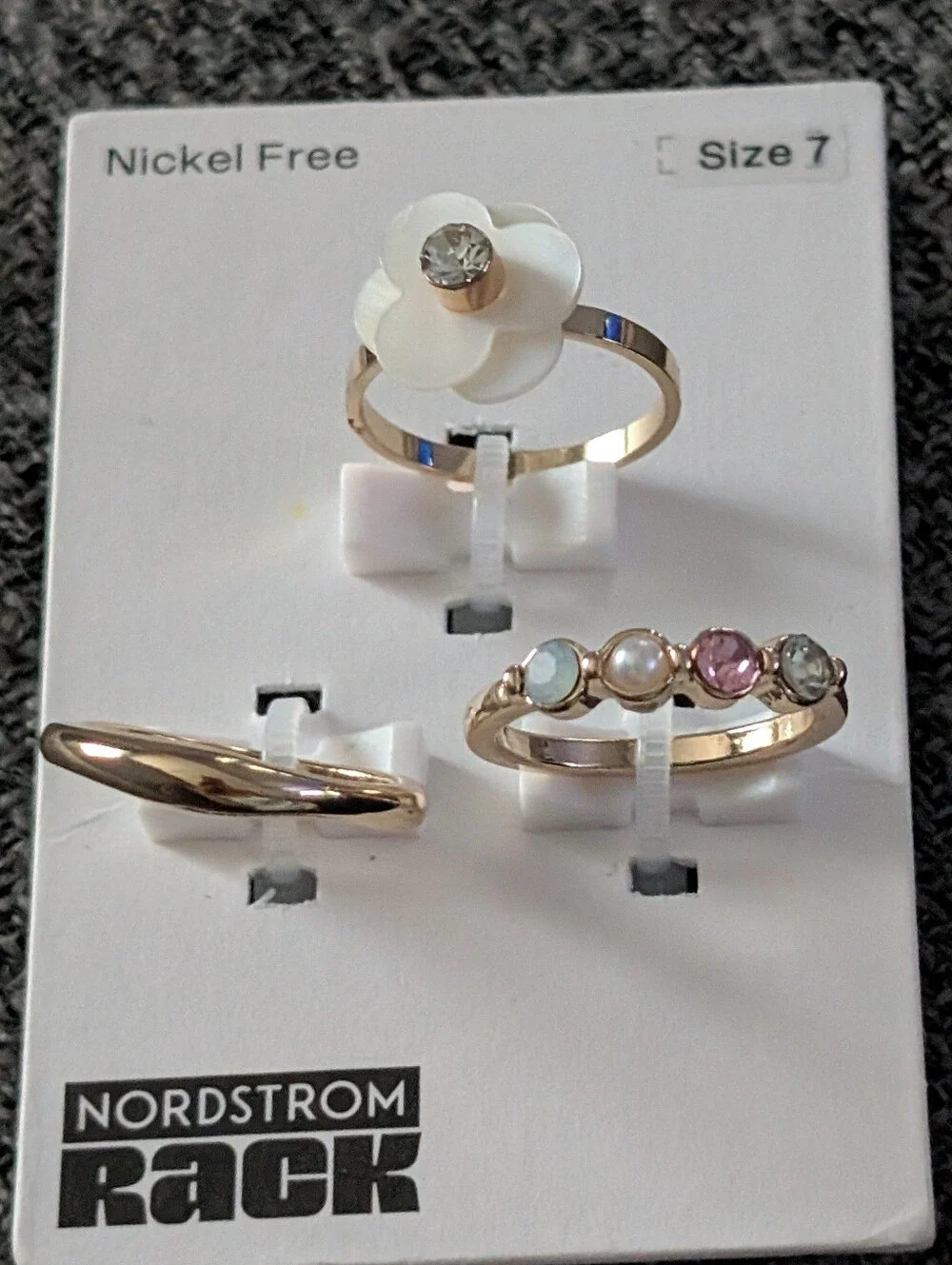 Nordstrom Gold-Tone Stackable Ring Trio with White Flower and Pink Accent